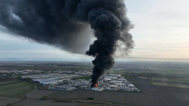 Chemical solvent plant burns down with a black column of toxic smoke.