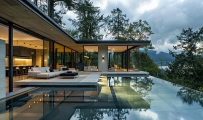 Fototapeta premium Contemporary glass house with expansive views.