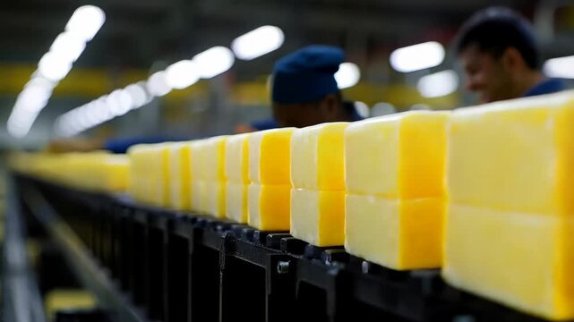 Workers skillfully handle freshly made soap bars on the assembly line in a busy manufacturing facility, showcasing efficiency and teamwork
