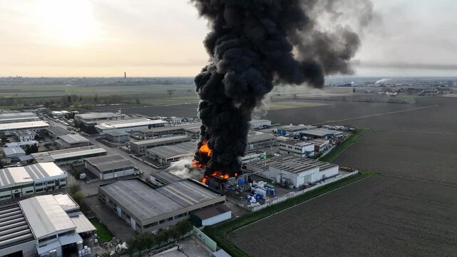 Chemical solvent plant burns down with a black column of toxic smoke.
