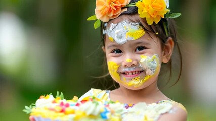 A cheerful child showcases a beautifully decorated cake after an exciting birthday party, with colorful paint splashes adorning her happy face