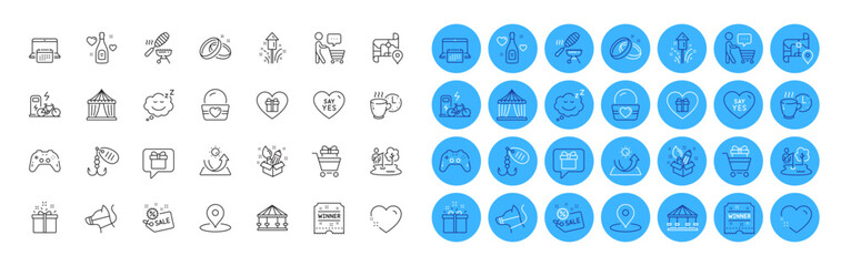 Carousels, Buyer think and Wedding rings line icons pack. Love champagne, Fishing place, Calendar web icon. Gamepad, Pin, Creativity pictogram. Shopping trolley, Coffee break, Circus tent. Vector