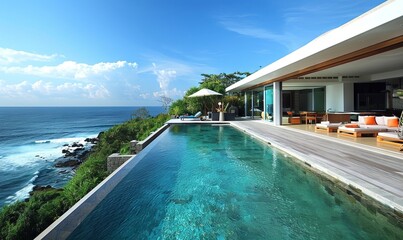 Fototapeta premium Minimalist beach villa with panoramic views.
