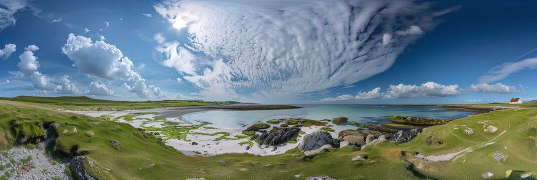 Coastal Landscape with Rolling Green Hills and Secluded Beach on Tiree Island
