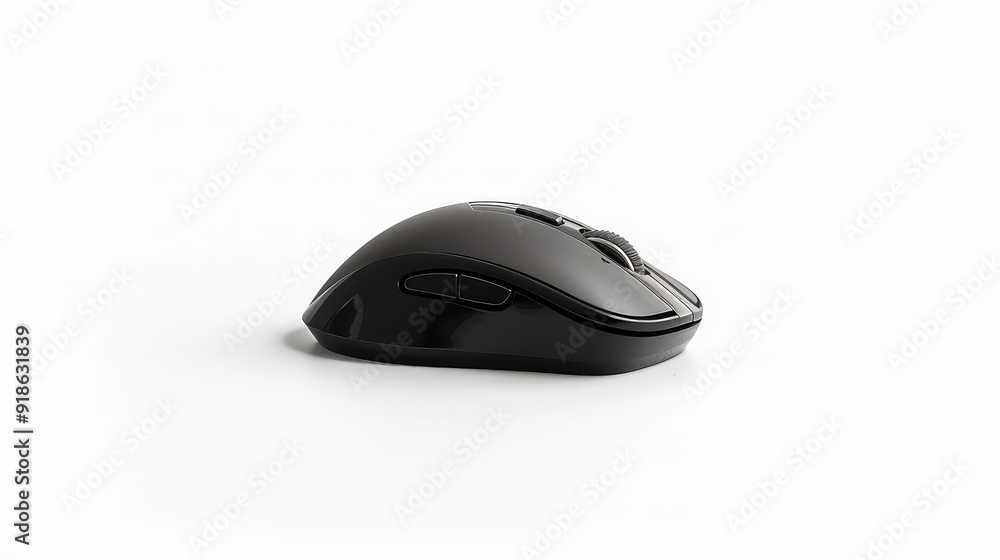 Poster a black wireless computer mouse with a scroll wheel on top and two buttons on the side, isolated on 