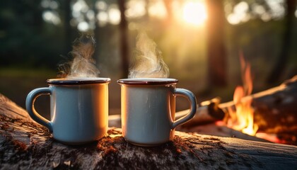 White campfire enamel coffee mug mockup river view. Empty mug mock up for design promotion