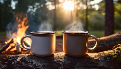2 White campfire enamel coffee mug mockup river view. Empty mug mock up for design promotion