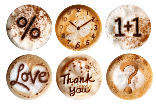 Collection of cut out cappuccino and coffee art without cups with different signs an text on the surface. Set of six items isolated on white or transparent background