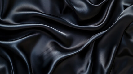 Obraz premium Black satin fabric background, elegant black silk cloth texture with waves and folds for luxury design or fashion concept