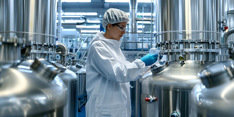 Lab technician monitors bioreactor vessels in pharmaceutical production showcasing biotech aspect. Concept Pharmaceutical Production, Bioreactor Monitoring, Lab Technician, Biotech