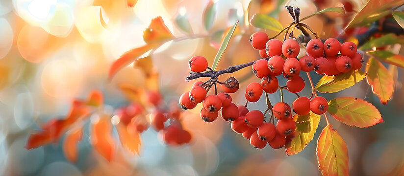Close-up of red rowan berries and leaves on a branch in autumn, with sour yet vitamin C-rich berries, against a blurred background with selective focus and ample copy space image.
