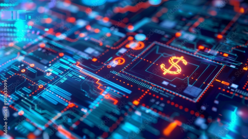 Poster a dynamic representation of fintech with digital graphs, currency symbols, and circuit patterns, ill