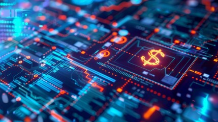 Obraz premium A dynamic representation of fintech with digital graphs, currency symbols, and circuit patterns, illustrating modern financial technology.