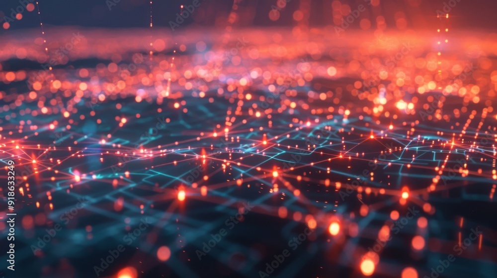 Poster abstract cyber landscape with glowing network lines and digital grids, representing the vast, interc