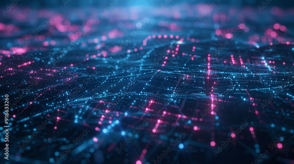 Poster abstract cyber landscape with glowing network lines and digital grids, representing the vast, interc