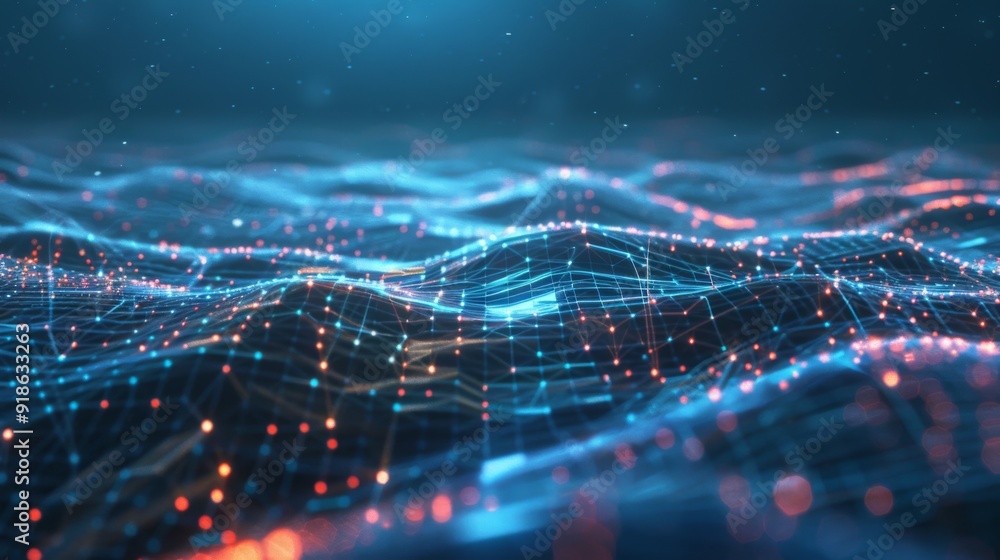 Poster abstract cyber landscape with glowing network lines and digital grids, representing the vast, interc