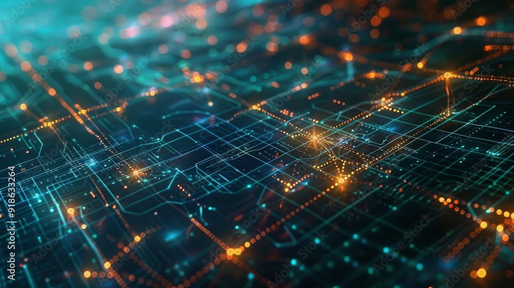 Poster abstract cyber landscape with glowing network lines and digital grids, representing the vast, interc