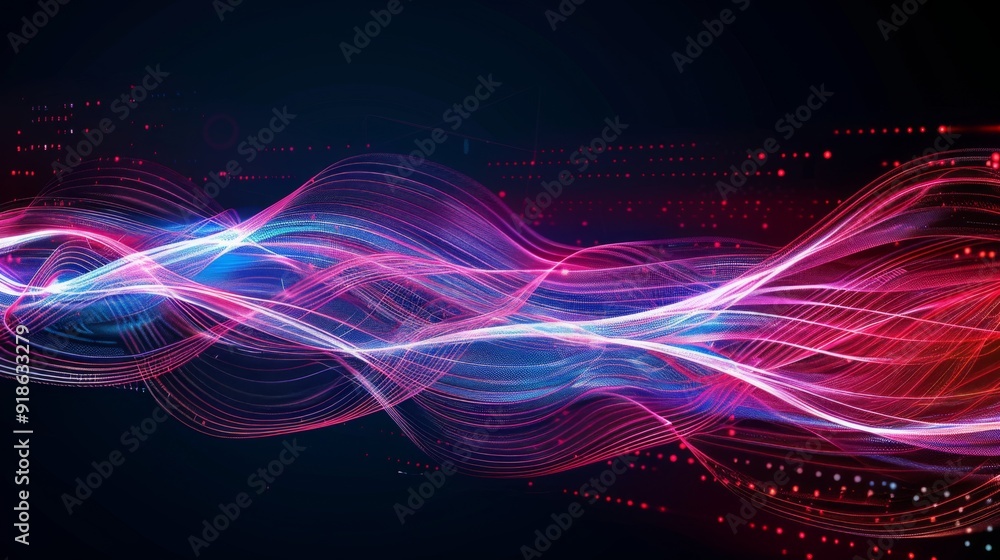 Poster abstract digital waveforms and light trails representing communication technology, emphasizing speed