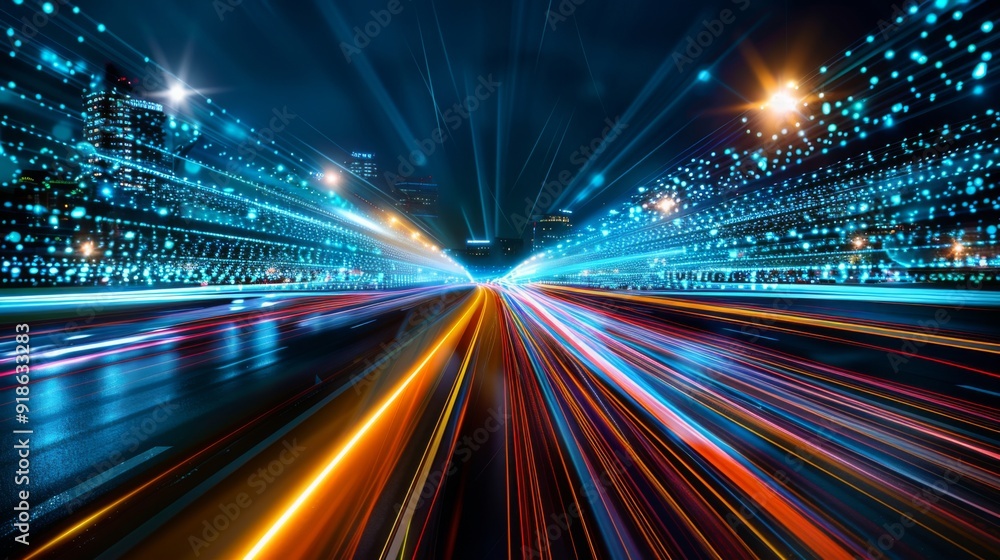 Poster abstract digital waveforms and light trails representing communication technology, emphasizing speed