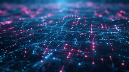 Obraz premium Abstract cyber landscape with glowing network lines and digital grids, representing the vast, interconnected world of technology.