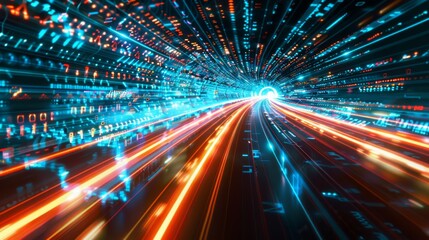 Abstract digital waveforms and light trails representing communication technology, emphasizing speed and connectivity in modern data networks.