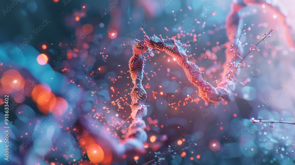 Poster abstract representation of epigenetics with digital dna modifications and regulatory pathways, illus