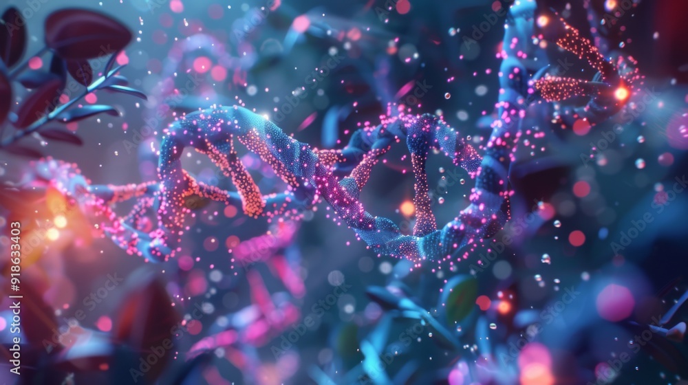Poster abstract representation of epigenetics with digital dna modifications and regulatory pathways, illus