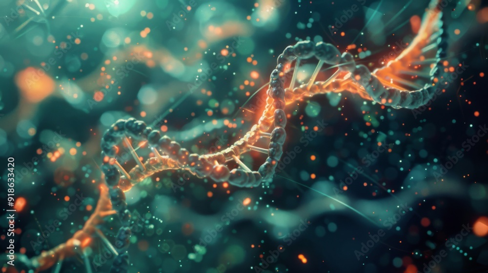 Poster abstract representation of epigenetics with digital dna modifications and regulatory pathways, illus
