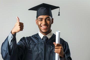 Man with diploma and thumbs up in studio portrait for achievement, education, or ambitions by background. Happy student, certificate, award, or delighted graduate with celebration