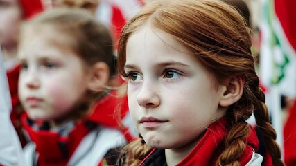 A group of girls holds flags, showcasing excitement and pride during a local parade that radiates joy and community spirit