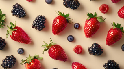 Fototapeta premium Bright and vibrant selection of ripe strawberries, blackberries, raspberries, and blueberries, cut out and displayed on a neutral background