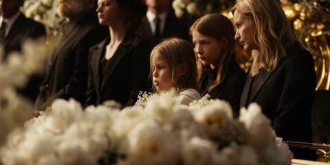 Death, anguish, girl with flower on coffin, family, and sad child at burial service for respect. Roses, death, and people at graveyard wood casket with child crying at grave for burial.