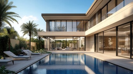 Modern luxury villa with a swimming pool and lush greenery