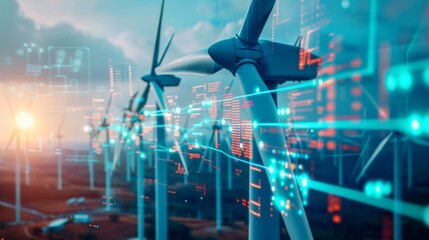 A close-up of a wind farm with digital data overlays, illustrating the role of technology in optimizing renewable energy production.