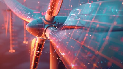 A close-up of a wind turbine blade with digital data overlays, illustrating the role of technology in optimizing renewable energy production.