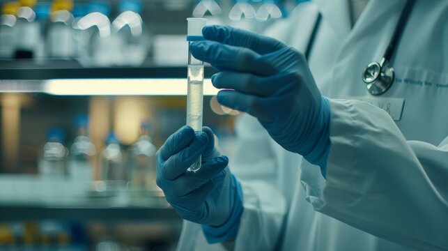 Examining dna results at a lab wearing blue gloves. A male scientist, guy, and face cover for virus, illness, and cure sample safety.