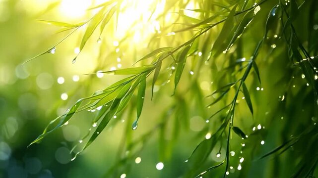 willow branch with wet after raining with water droplets swing in gentle breeze and sunlight flare,  calm peaceful tranquil serene atmosphere