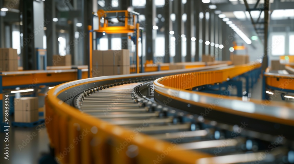 Poster a conveyor belt with automated sorting machines, representing the efficiency of modern production sy
