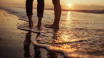 Beach couple, legs and feet in sand with sunrise, love and commitment in journey. Together, adventure, trust, respect, concern for people, ocean, Bali vacation