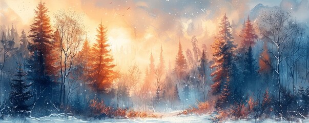 Fototapeta premium Watercolor abstract winter wonderland with snow.