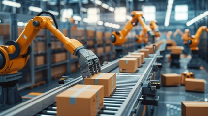 Naklejka premium A conveyor system with robotic arms sorting products, illustrating advancements in production and logistics.