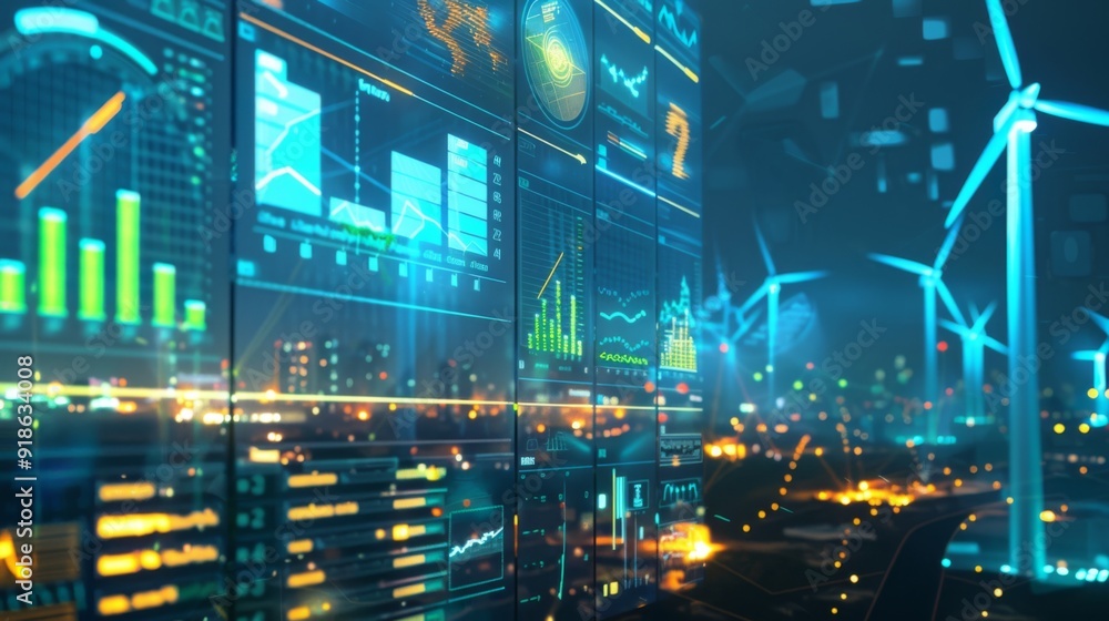 Poster a digital dashboard displaying global renewable energy data, representing technology's role in track