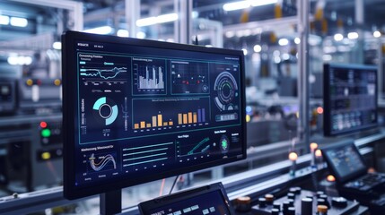 A digital dashboard displaying production metrics, emphasizing the role of data analytics in manufacturing.