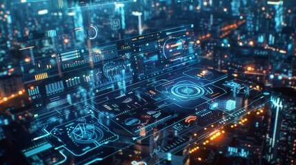 Fototapeta premium A digital interface controlling a smart city energy grid, highlighting technology's role in promoting energy efficiency and sustainability.