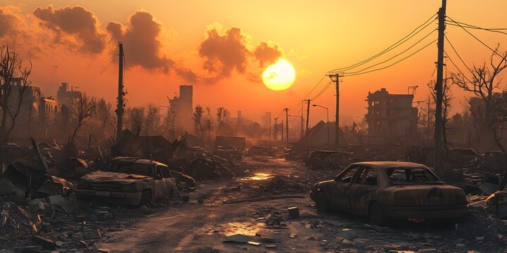 Destruction and flames in a decimated urban environment