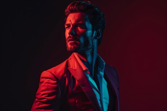 Mirrored portrait of man with eye in lighting, solemn face, mockup space. On black background, futuristic fashion, male model and beauty, red and blue creative studio neon lights.