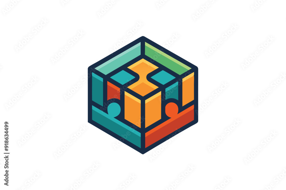 Poster a colorful logo designed in the shape of a cube, displaying a harmonious mix of hues for visual appe