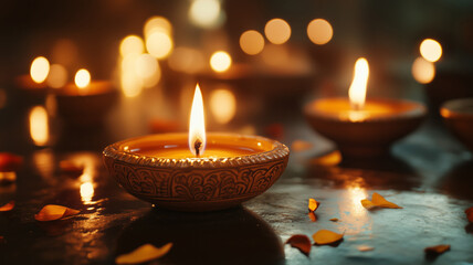 Clay lamps flicker with warm light, casting a serene glow as vibrant petals surround them in a joyful celebration at dusk.