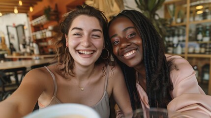 Ladies, coffee shop, and smartphone for selfies, happiness, and beauty solidarity on social media. Gen Z black woman, phone, and cafe for blog, profile image, or web app pictures.