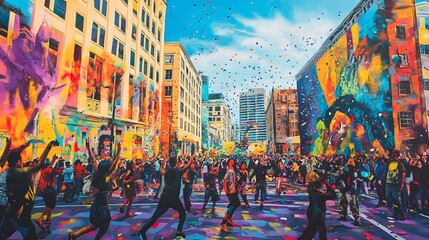 A lively urban street scene with bright, colorful buildings and confetti in the air